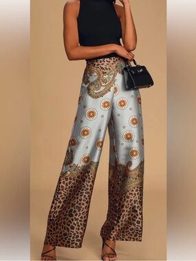 Lulu's Light Blue & Brown Paisley Leopard Wide-Leg Palazzo Pants